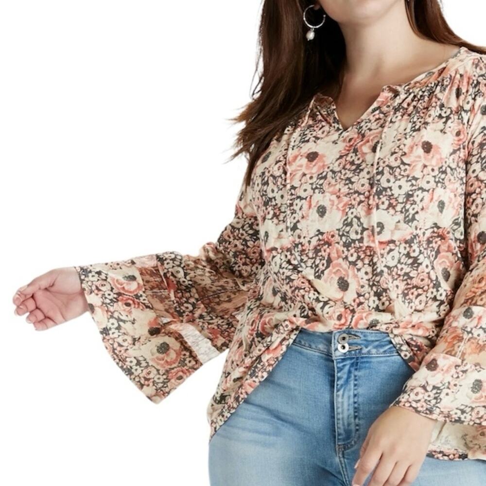 Lucky Brand Women's Printed Woven Mix Peasant Top Size 1X